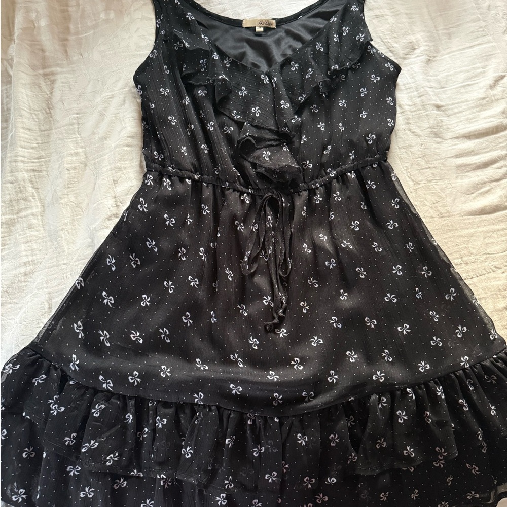 Black Ruffled Dress with White Floral Pattern